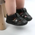 Close-up detail of black faux leather baby walking sandals with white cross stitch design - Black
