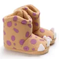 Side view of soft-soled baby monster paw winter boots with purple dots and felt claws - Apricot