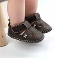 Dark brown faux leather baby sandals with white cross-stitch detail for infant walkers - Coffee
