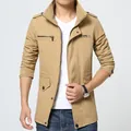 Men's khaki slim fit cotton outdoor casual jacket featuring a standing collar design - XL / Tops / Khaki