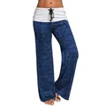 Detailed view of blue melange wide-leg yoga pants with white drawstring waistband - Blue