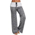 Close-up detail of women's heather grey wide-leg yoga pants with white waistband - Gray