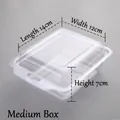 Detail view of medium-sized clear plastic packaging box for baby shoes with dimensions - M / Transparent Box