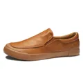 Classic men's tan leather slip-on loafers with comfortable flat rubber sole for casual wear - 38 / Plain Style (9101) / Brown