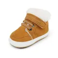 Detaillierte Seitenansicht brauner Baby-Winterschuh mit weißem Kunstfellfutter und Klett. - Khaki
