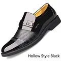 Professional men's glossy black formal loafers with hollow-out breathable leather design - 38 / Black Hollow Grid Style