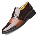 Brown glossy men's formal elevator shoe with stylish perforated detail and buckle - 37 / Brown Height Increasing Hollow-out