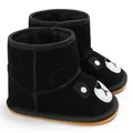 Detail of black baby winter boots featuring a cute cartoon bear design and anti-slip rubber sole - Black
