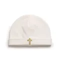 Soft white knitted baby beanie hat with an elegant gold embroidered cross detail - Gold Cross Embroidered Fold Beanie