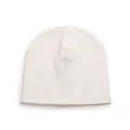Detailed view of a soft white infant beanie hat with central cross embroidery design. - Purple Cross Embroidered Beanie
