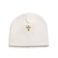 Detailed view of a soft white cotton baby beanie featuring a gold embroidered cross - Gold Cross Embroidered Beanie