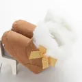 Warm brown baby snow boots with white faux fur trim and a gold bow for infants. - Brown
