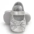 Detailed front view of silver glittery baby princess walking shoes featuring a large bow - Sole Length 11cm / Silver