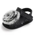 Close-up of black baby leopard print sandal featuring a soft faux fur pom-pom detail - Black
