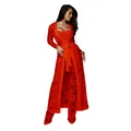 Conjunto sexy de tres piezas de encaje rojo con pantalones anchos y cárdigan largo - Rojo