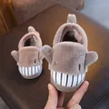 Detailed macro view of cute plush shark slippers for toddlers featuring warm fuzzy lining - Size 15 (Inner Length 13cm) / Brown Gray (9013)