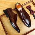 Premium classic brown leather brogue oxford dress shoes for men with wingtip detail - 38 / Burgundy