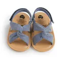 Vista superior detallada de sandalias de bebé con tiras cruzadas en denim azul y suelas - Azul Denim / 12 cm / 42 g