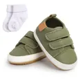 Olive green faux leather baby sneakers with white socks and adjustable velcro straps - 12cm / Shoes and Socks Set / Green
