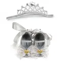 Detailansicht silberne Baby Glitzerschuhe mit weißen Netzschleifen und Goldherzen - Größe 3 12cm / Silber Prinzessinnen-Schuhe und Stirnband Set / Grau
