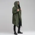 Men's long hooded fleece cardigan coat in olive green with asymmetric hem streetwear style - S / Tops / Green
