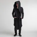 Detailed view of a man wearing a stylish black long hooded cardigan with a large hood - S / Tops / Black