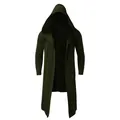 Detail view of men's dark green long-length hooded cardigan cloak with open front - S / Tops / Thickened / Green