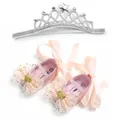 Detailansicht von rosa Baby-Prinzessinnenschuhen mit Goldschleifen und Kronen-Stirnband. - Größe 3 12cm / Rosa Prinzessinnen-Schuhe und Stirnband Set / Rosa