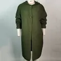 Front view of a women's olive green long-line hooded knit cardigan on a mannequin - S / Tops / Green