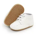 Detail view of white soft-soled PU baby sneakers with non-slip textured outer sole - 12cm / White