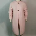 Elegant long-length pink knitted cardigan sweater featuring a hooded design and buttons - Pink