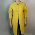 Close-up of a long yellow knitted cardigan for women featuring large buttons on a mannequin. - S / Tops / Yellow