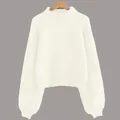 Detailed view of women's white round neck knitted pullover sweater with puff sleeve design - White No Pearl