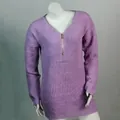 Detailed view of women's purple waffle knit sweater featuring V-neck with front zipper - Purple