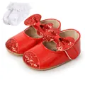 Close-up detail of shiny red glitter baby Mary Jane shoes with white ruffled lace socks - Shoes with Socks Set (M1951) / 11cm Inner Length / Red