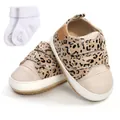 Soft sole leopard print baby pre-walker shoes and white cotton socks set for infants - 12cm / First Walkers and Socks Set / Leopard Print