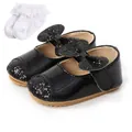 Black patent baby princess shoes with sequin bows and matching white ruffled lace socks set - Shoes with Socks Set (M1951) / 11cm Inner Length / Black