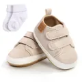 Beige infant walking shoes featuring dual hook and loop straps and matching white cotton socks - 12cm / First Walkers and Socks Set / Papaya