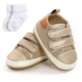 Gold metallic baby walking shoes with triple velcro straps and matching white socks - 12cm / First Walkers and Socks Set / Gold