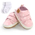 Soft pink baby walker shoes with white heart print and matching white cotton socks - 12cm / Shoes and Socks Set / Pink Hearts