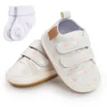 Soft white baby walking shoes featuring cute pink heart patterns and matching white socks - 12cm / Shoes and Socks Set / White Zirconia Heart