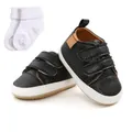 Black faux leather infant walker shoes with hook-and-loop straps and matching white socks - 12cm / Shoes and Socks Set / Black