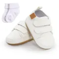 Soft white faux leather infant walker sneakers with velcro and matching white socks - 12cm / Shoes and Socks Set / White