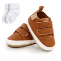 Brown baby walking shoes with velcro straps and matching white cotton socks set - 12cm / Shoes and Socks Set / Brown