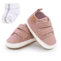 Cute pink baby walking sneakers with velcro straps and a pair of white socks set - 12cm / Shoes and Socks Set / Pink