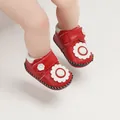 Close-up of red baby shoes with decorative flower and contrast stitching details - Insole Length 11cm / Flower Style (1169) / Red