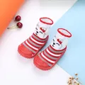 Red and white striped baby sock shoes featuring cute cartoon cat and anti-slip soft soles - Size 19 (Inner Length 11cm) / Red And White Striped Kitten