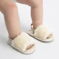 Close-up of baby fuzzy sandals with elastic back strap in cream white - Inner Length 12cm (75g) / White