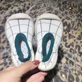 Minimalist white grid baby walker sock shoes with green trim and non-slip soft rubber soles. - Size 24/25 (Inner Length 14.5cm) / White Plaid
