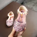 Elegant pink glitter girl's princess shoes featuring pearl ankle straps and sequins - 21 / Pink